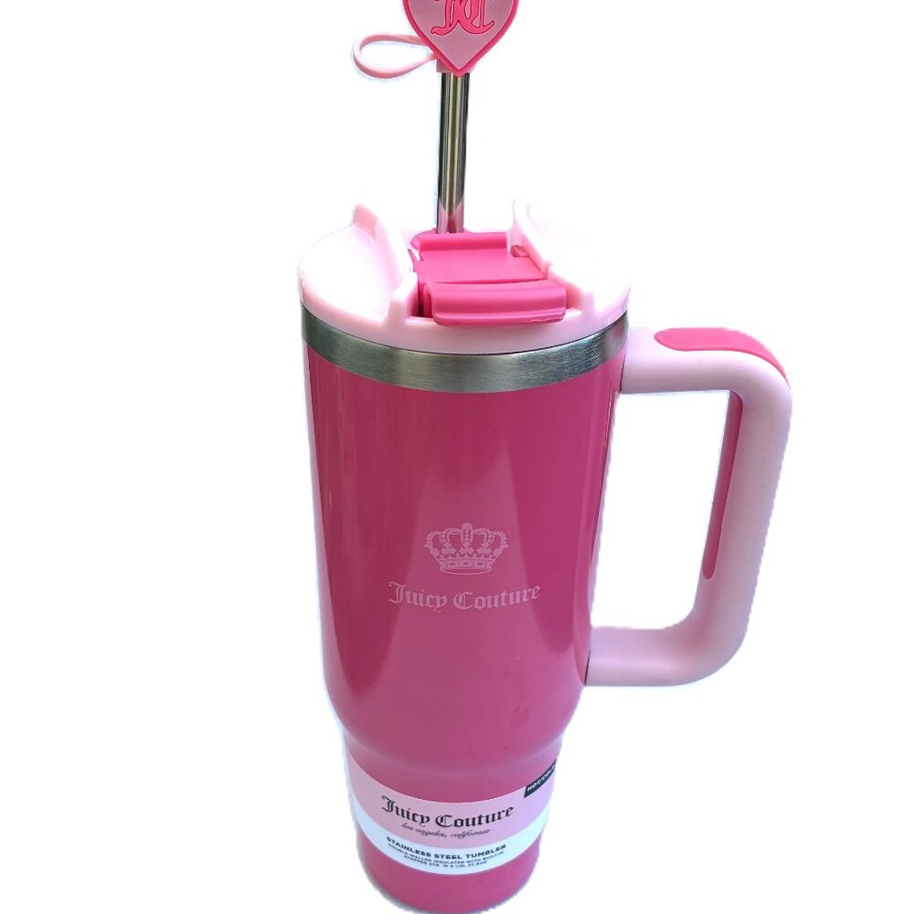 Juicy Couture 32 oz Hot/Cold Beverage Tumbler Handle Pink S Steel Insulated NEW